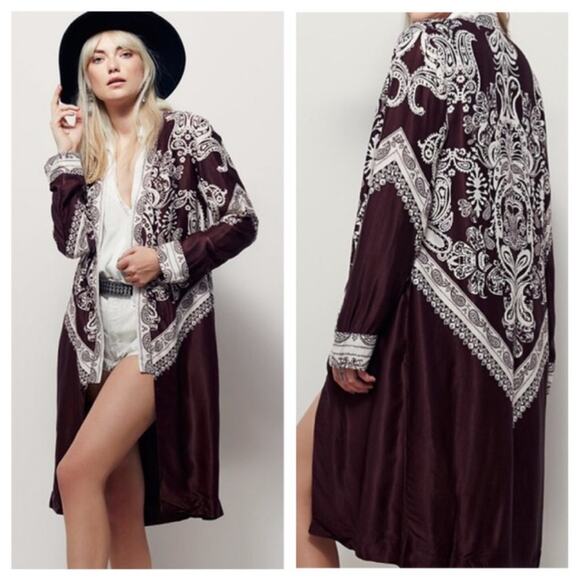 Free People Jackets & Blazers - Free People Brown Satin Bandana Print Long Kimono Duster M